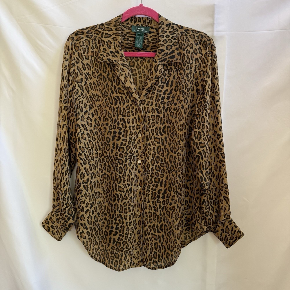Lauren Ralph Lauren Leopard Animal Print Button Front Shirt 100% Silk Size 10